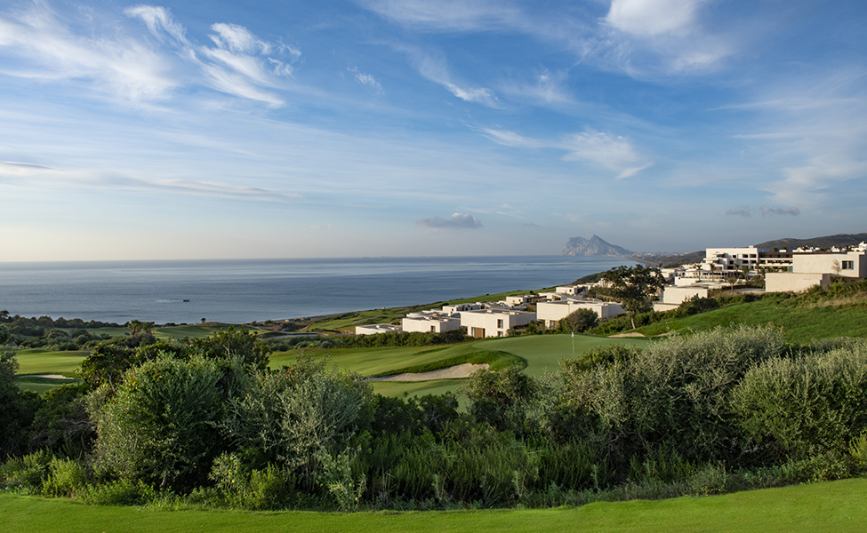 Fairmont La Hacienda Hotel and golf course and view to Gibraltar,  La Alcaidesa,  Andalucia. Spain