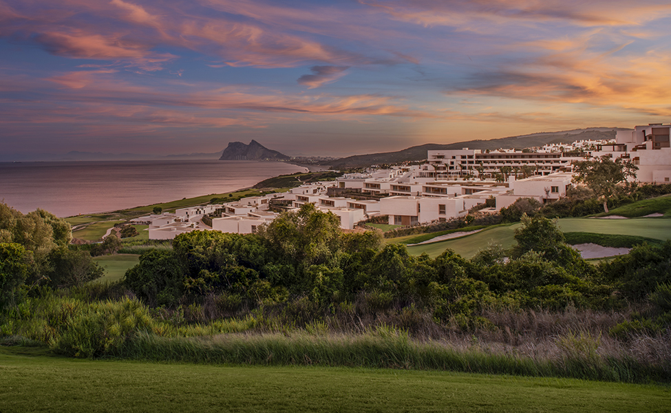 Fairmont La Hacienda Hotel golf course and view to Gibraltar,  La Alcaidesa,  Andalucia. Spain